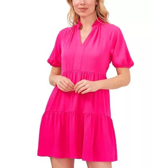 Cece Women's Pink Short Sleeve Tiered V-Neck Baby Doll Dress Size Small - Picture 1 of 12